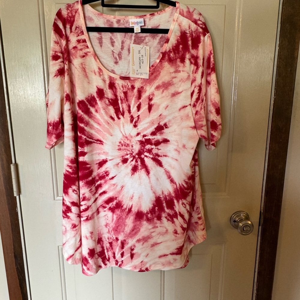 LuLaRoe NWT Morgan Tunic Top, Relaxed Fit, Tie-dyed, White with Red, 3XL